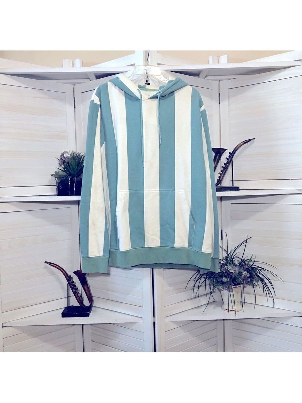 Urban Outfitters Striped Hooded Sweatshirt Blue Cream Medium